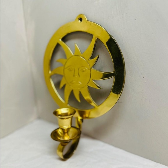 Other - Vintage Brass Sun Face Wall Sconce Candle Holder Celestial Boho Decor Gold Tone